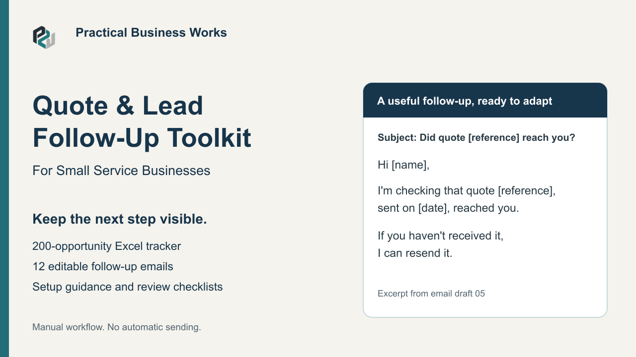 Quote and Lead Follow-Up Toolkit with an actual follow-up email excerpt